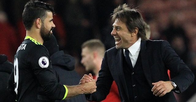 Antonio Conte shake hands with Diego Costa after Chelsea went top of the table