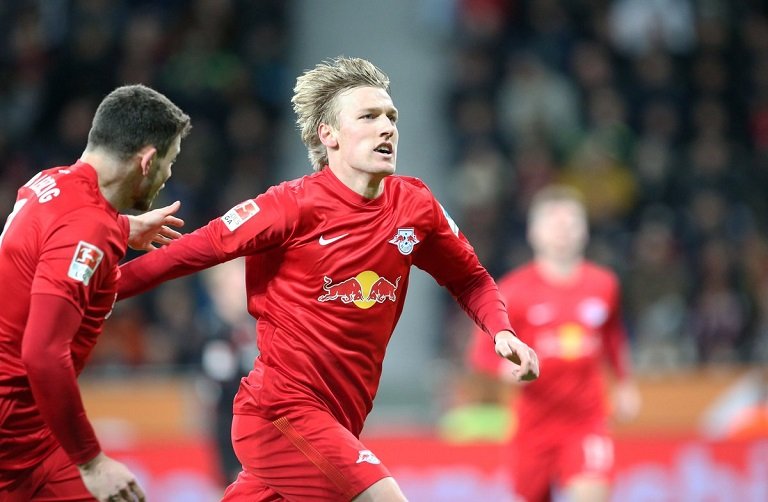 Emil Forsberg wheels away after scoring a superb goal for Leipzig