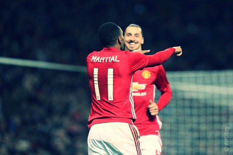 Anthony Martial and Zlatan Ibrahimovic celebrate after the Frenchman scored Manchester United's second in the EFL tie against West Ham