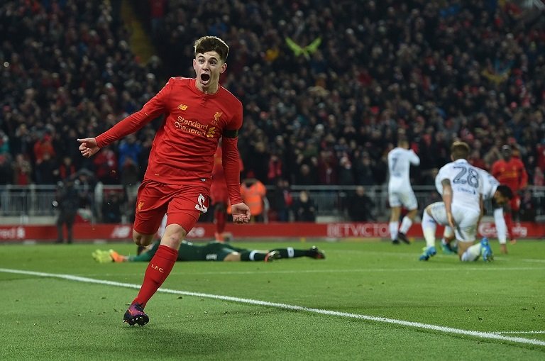 FILE PHOTO: Ben Woodburn wheels away after scoring his first goal for the Reds