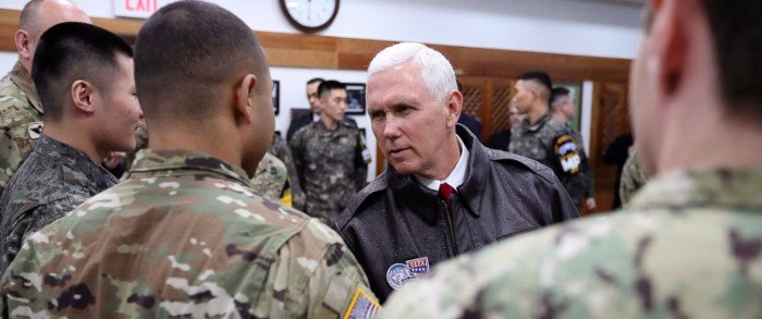 U.S. Vice President Mike Pence meets with U.S. and South Korean soldiers at Camp Bonifas outside of the Demilitarized Zone