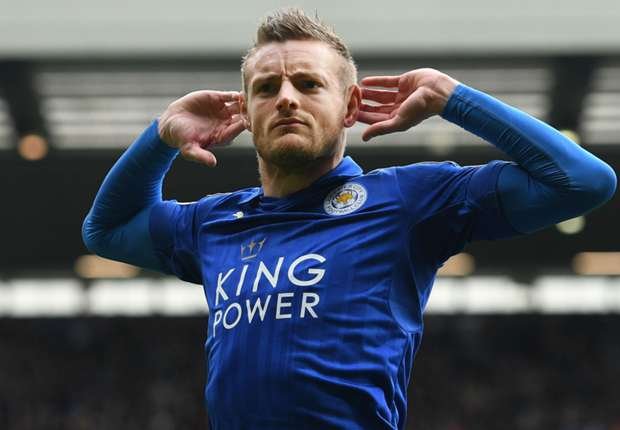 Leicester City striker Jamie Vardy celebrates his goal against West Brom