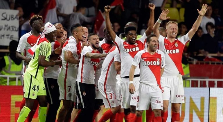 Monaco players celebrate winning the French ligue 1 title