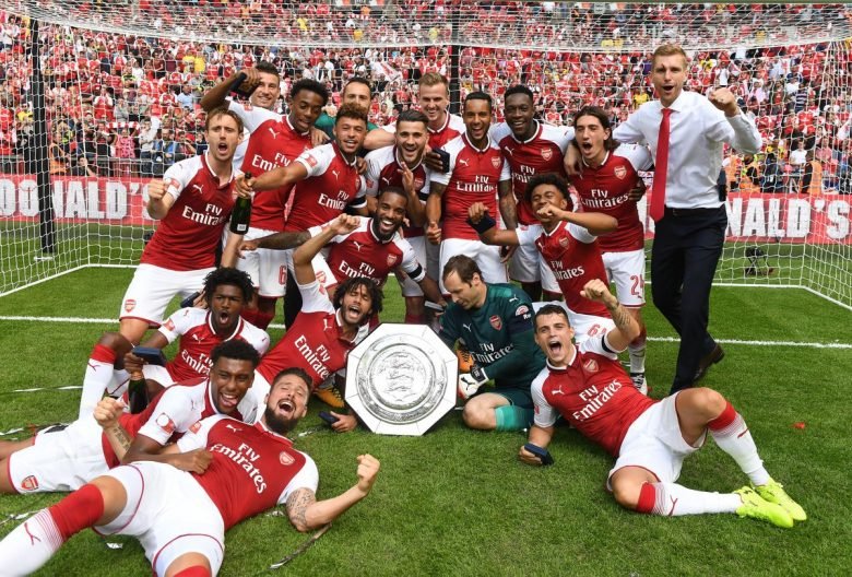 Arsenal celebrate their Community Shield triumph over Chelsea