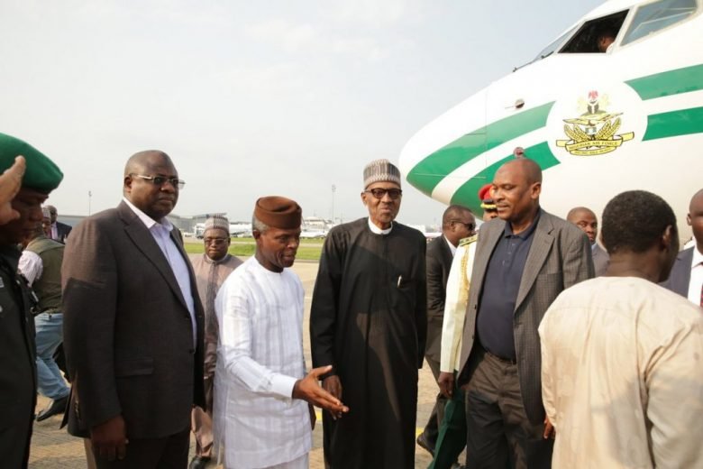 President Muhammadu Buhari being welcomed by Vice President Yemi Osinbajo on arrival from London at the Nnamdi Azikiwe International Airport Abuja on Saturday, August 19, 2017.
