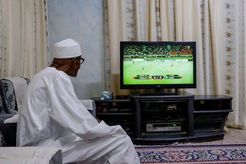 President Buhari watching the Super Eagles in action, calls for celebration