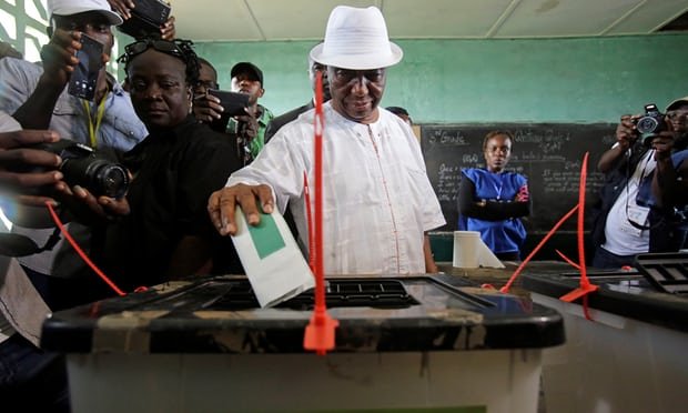 Joseph Boakai casts his vote in the first round of Liberia’s presidential election.