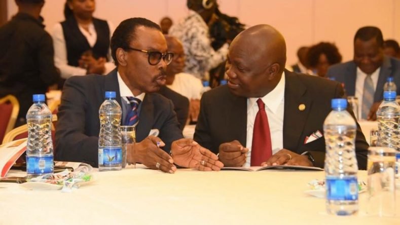 Lagos State Governor, Akinwunmi Ambode (right) with Managing Director/Chief Executive Officer, Financial Derivatives Company Limited, Bismarck Rewane at the Infrastructure Round Table organised by Harvard Business School Alumni Association in Lagos