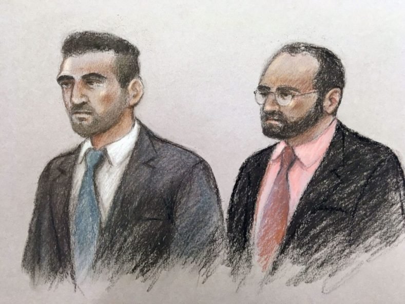 Court sketch of Vincent Tappu (left) and Mujahid Arshid in the dock of the Old Bailey