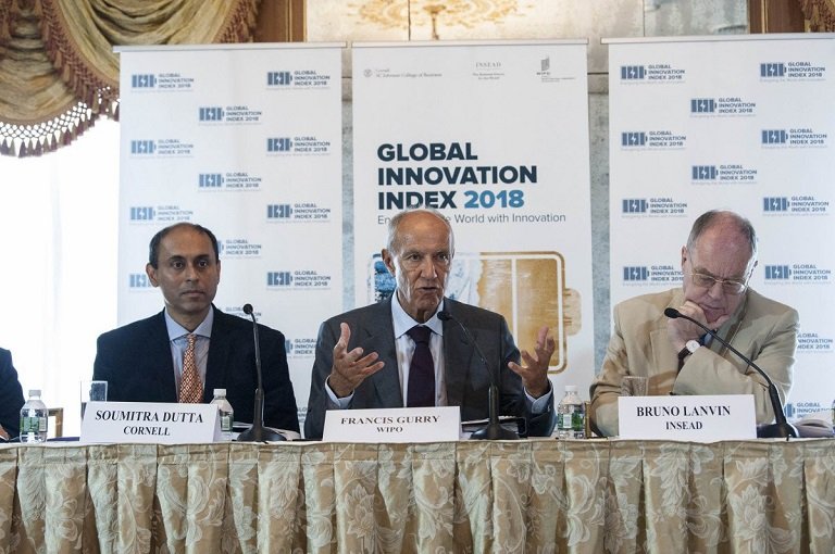 WIPO Director General Francis Gurry, INSEAD’s Bruno Lanvin and Cornell MBA’s Soumitra Dutta present the Global Innovation Index 2018