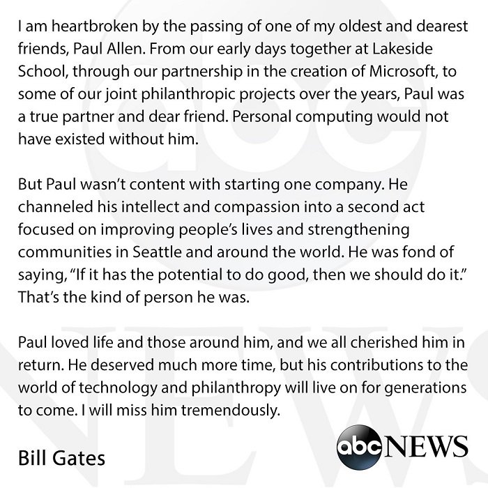 Bill Gates pay tribute to his friend and business partner Paul Allen