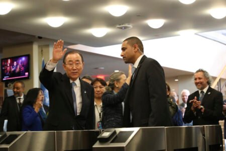 United Nations Secretary-General Ban Ki-moon waves to his staff on his last day at the U.N. headquarters, Friday, Dec. 30, 2016. (AP Photo/Mary Altaffer)