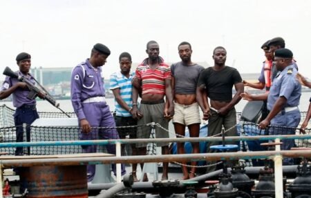 Nigerian Navy arrests notorious recruitment fraudster FILE: Some illegal oil bunkerers paraded by the Nigerian Navy