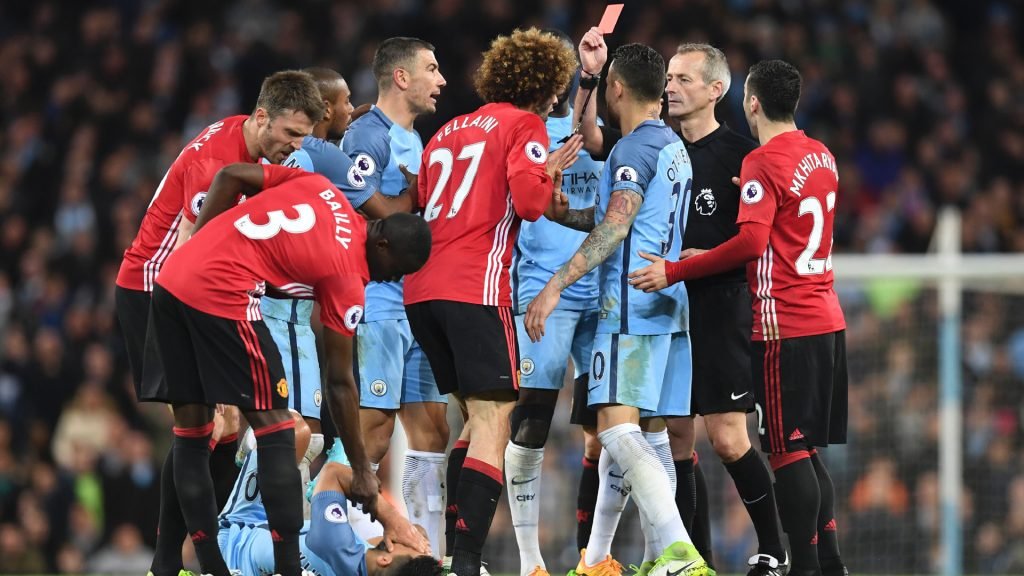 Maroune Fellaini shown the red card for headbutting Aguero