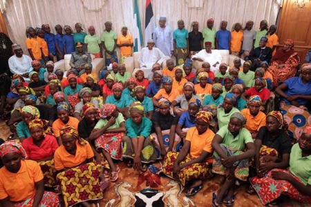 President Muhammadu Buhari with some rescued Chibok girls