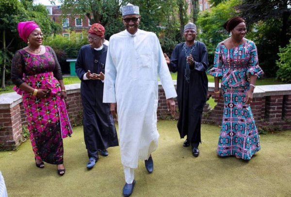 President Buhari with his visitors at the lawns of Abuja House in London today