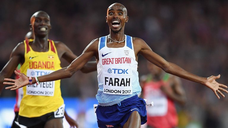 Sir Mo Farah celebrates winning gold in the 10,000m final at the 2017 World Championships