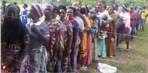 Voters were seen waiting for the commencement of voting on Saturday at the Lugbe polling center in Abuja, as officials of the Independent National Electoral Commission (INEC) struggled to complete preparations.