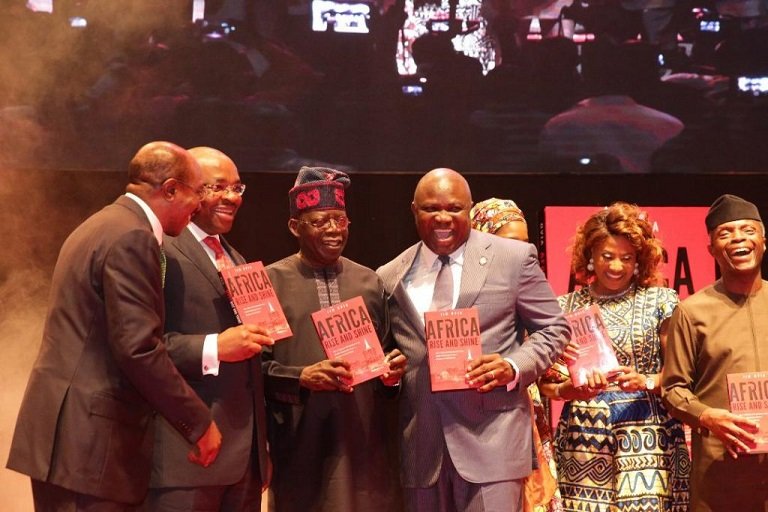 Governor Akinwumi Ambode shared a photo opportunity with national leader of the All Progressives Congress, Asiwaju Bola Tinubu at the launch of Jim Ovia's Africa Arise and Shine Book