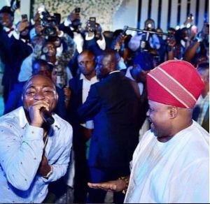 Davido celebrates with his team after Ademola Adeleke’s re-election as Osun State governor.
