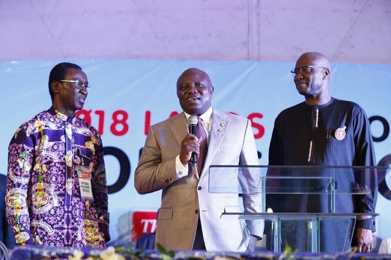 Lagos still gateway to prosperity for Nigerians – Ambode Governor Akinwunmi Ambode of Lagos flanked by Ifeanyi Odedo and Boss Mustapha at the Lagos Convention of the Full Gospel Business Men Fellowship