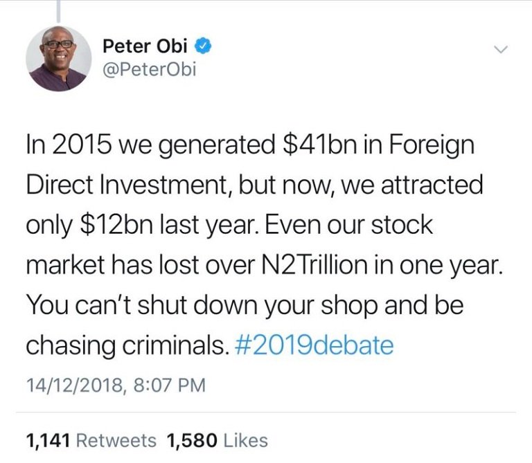 Peter Obi has since deleted his tweet