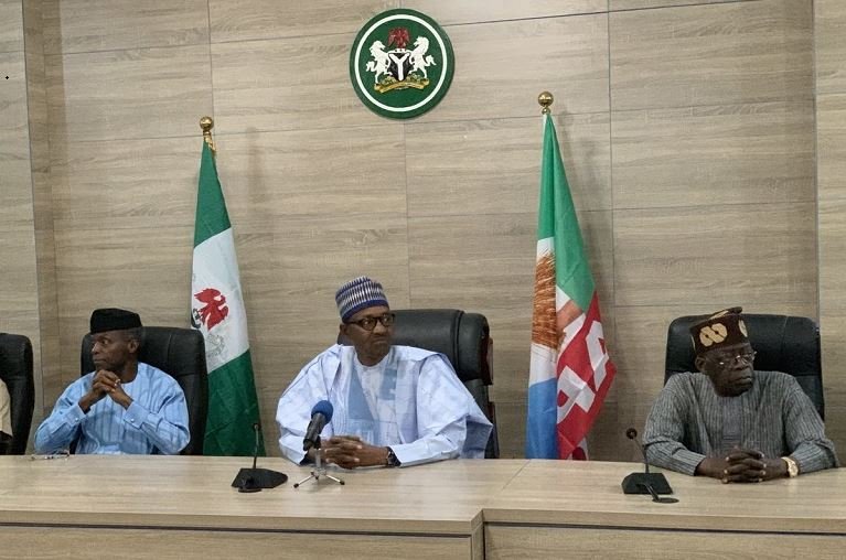 Buhari thanks Nigerians in acceptance speech Vice President Yemi Osinbajo, President Muhammadu Buhari and Asiwaju Bola Tinubu at the APC Presidential Campaign Council office in Abuja on Wednesday morning