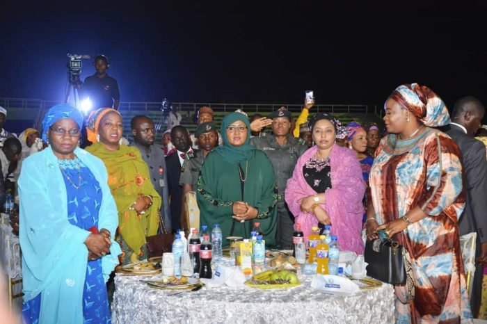 Aisha Buahri with Woman Leader of the APC Women and Youth Presidential Campaign Team, Mrs. Binta Muazu, and Senator Fatuhu Mohammed