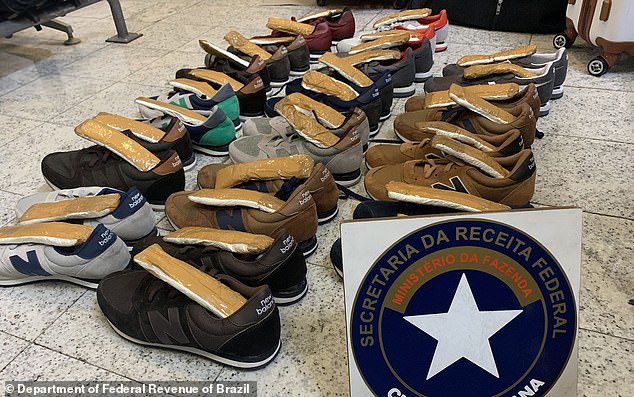 On Sunday, agents with the Brazilian Federal Revenue Ministry were alerted by their K-9 unit of a Brazilian woman who had 3.4 kilos of cocaine hidden under the insoles of 16 pairs of sneakers