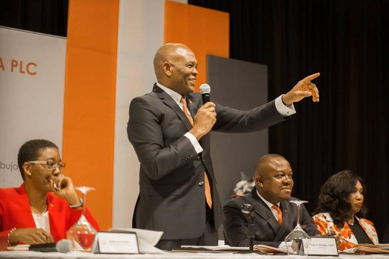 Group Company Secretary, Transnational Corporation of Nigeria Plc(Transcorp) Plc, Ms Helen Iwuchukwu, Chairman, Mr. Tony Elumelu, President/CEO, Mr. Valentine Ozigbo; and Director, Mrs Toyin Sanni, at the 13th Annual General Meeting of the company held in Transcorp Hilton Hotel Abuja on Friday