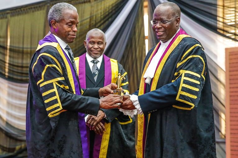 VP Osinbajo with acting Chief Justice of Nigeria, Hon. Justice Dr. Tanko Mohammed (L) and Chairman Body of Benchers, Alh. Bashir. M. Dalhatu