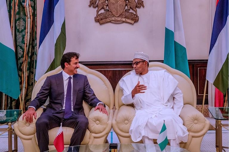 President Muhammadu Buhari receives the Emir of Qatar in Abuja, Nigeria's capital