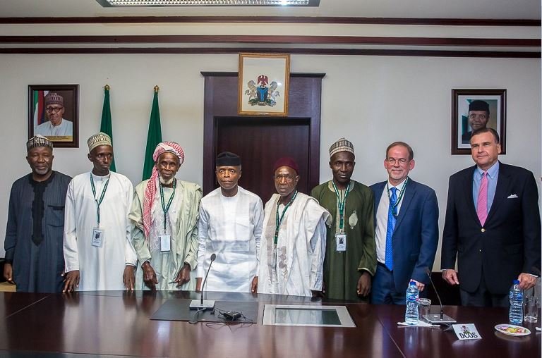 Vice President Yemi Osinbajo met with Imam Abdullahi Abubakar; his Deputy, Imam Umar Abdullahi; Village head, Damafulul Mangai of Nghar Yelwa Village, Plateau state, & members of the Diplomatic corp led by US Ambassador, Mr. Stuart Symington & US Dep. chief of mission, David Young in Abuja 