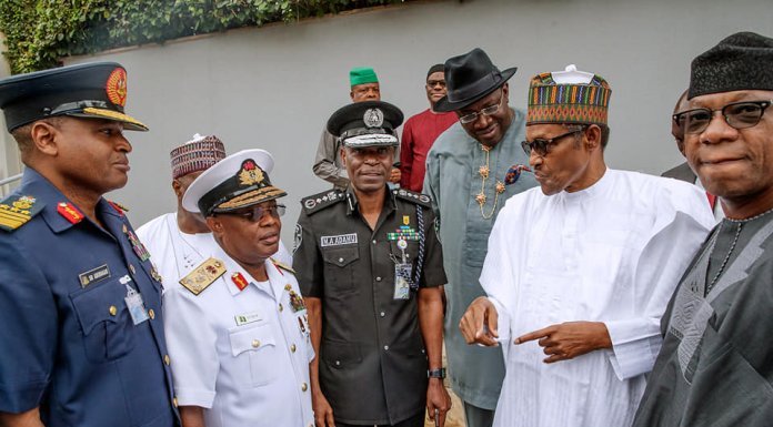 Governors brief Buhari on security situation in states President Buhari with some governors and security chiefs after their meeting at the State House Abuja