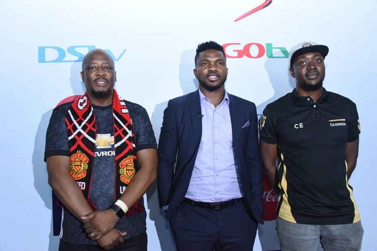 -R: Martin Mabutho, Chief Customer Officer, MultiChoice Nigeria; Ex-international and Ex-Super Eagles Captain, Joseph Yobo and Collins Eboro, Assistant Brand Manager, Guinness during the Launch of 2019/2020 Premier League Season held at the National Institute of Sports Hall Lagos today Sunday 11th of August 2019