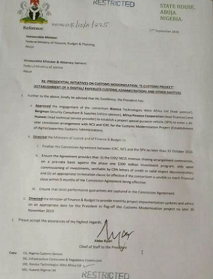 The document that indicts Chief of Staff, Abba Kyari in the contract mess