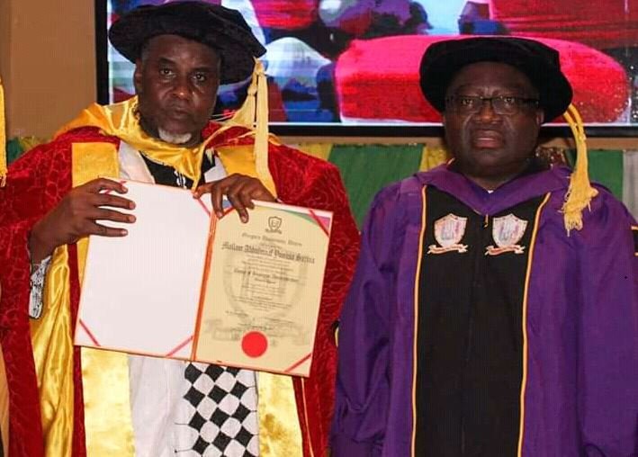 Azman Air boss, Sarina, awarded doctorate degree at Gregory University Alhaji Abdulmunaf Yunusa Sarina, President and Chief Executive Officer of Azman Group, and Professor Gregory Iyke Ibe, Chancellor and Founder of Gregory University, at the conferement of doctorate degree on Sarina at the university in Uturu, Abia State