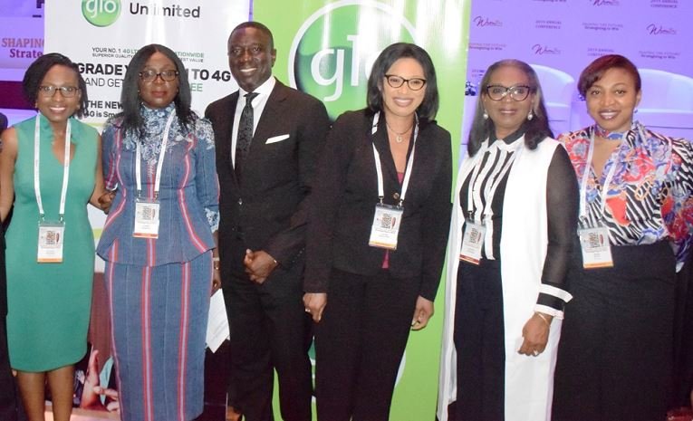 Globacom delegate, Eyitayo Okandeji, Chairman, Board of Trustees, WIMBIZ, Funmi Roberts, Chairman, Sterling Bank, Asue Ighodalo, Globacom delegate, Justina Abdulateef, First Bank Chairman, Mrs. Ibukun Awosika, and Globacom delegate, Marie Macfoy, at the 2019 edition of WIMBIZ conference at Eko Hotels and Suites, Lagos recently.