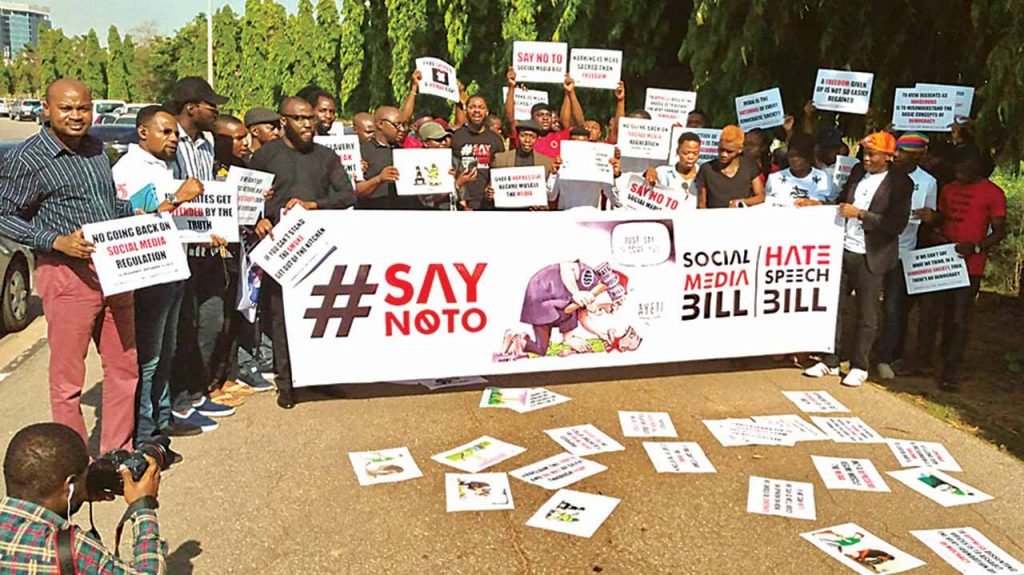 Social Media Bill: Protesters storm National Assembly Protests against the Social Media Bill at the entrance of the National Assembly in Abuja