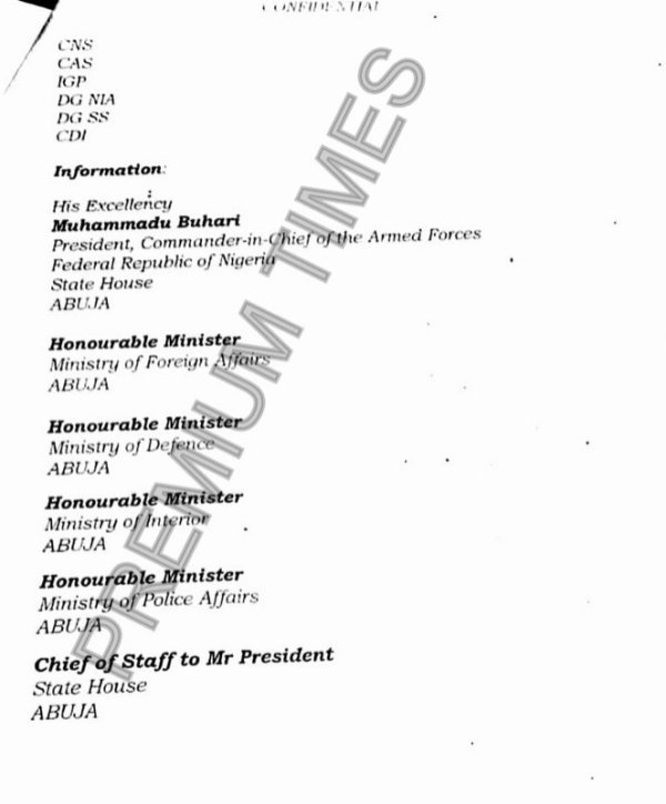 Memo to President Muhammadu Buhari by Babagana Monguno on Abba Kyari's interference