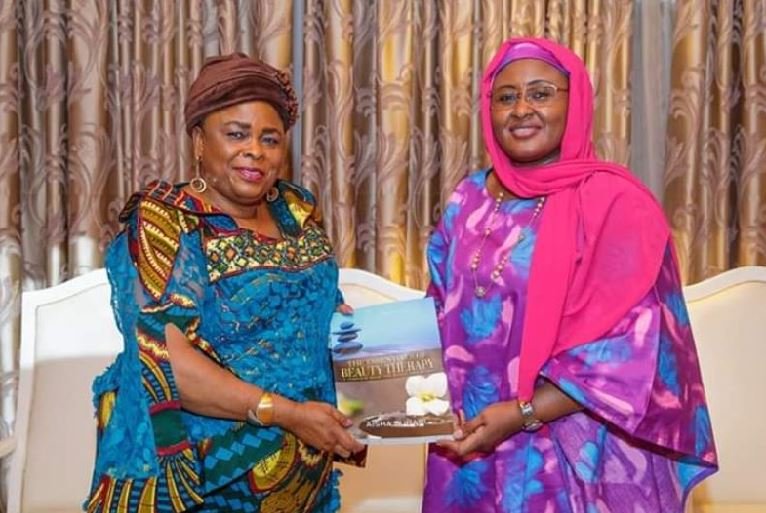 Patience Jonathan and First Lady Aisha Buhari at the Presidential Villa in Abuja on Tuesday