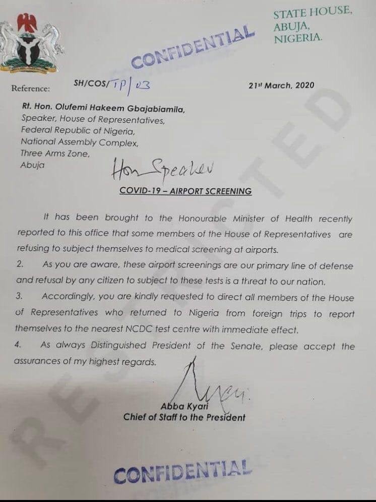 Abba Kyari's letter to Gbajabiamila