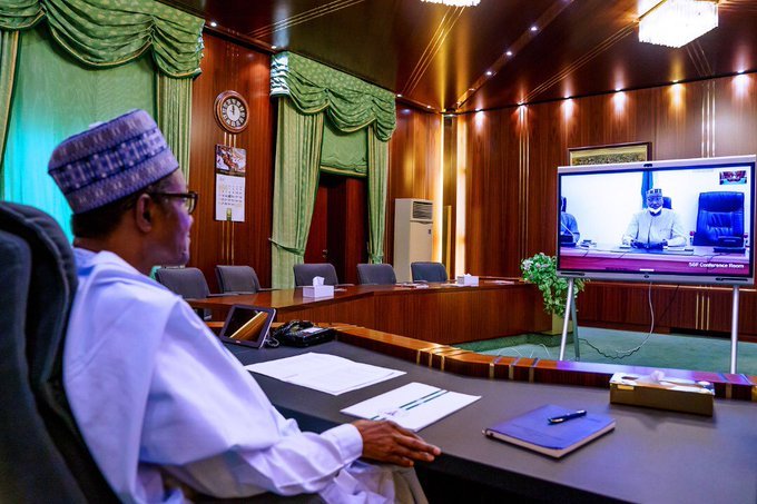 President Muhammadu Buhari teleconferencing with members of the Presidential Task Force on COVID-19