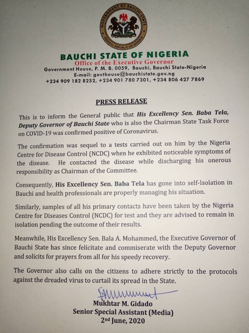 Bauchi state deputy governor, Baba Tela tests positive for COVID-19