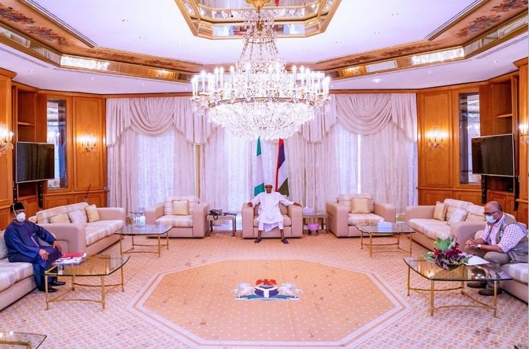 Health Minister, Dr Osagie Ehanire and NCDC DG, Dr Chikwe Ihekweazu briefing President Muhammadu Buhari on COVID-19 in Nigeria