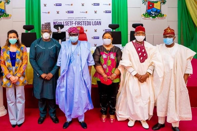 R-L: Commissioner for Finance, Dr. Rabiu Olowo; Chairman, House Committee on Wealth Creation, Hon. Jude Emeka Idimogu; Commissioner for Wealth Creation and Employment, Mrs. Yetunde Arobieke; Lagos State Governor, Mr. Babajide Sanwo-Olu; Managing Director/Chief Executive Officer, First Bank of Nigeria, Dr. Adesola Kazeem Adeduntan and representative of the LSETF Chairman & Deputy Group MD, AIM Consultants Ltd, Engr. Tatiana Moussalli Nouri, during the official launch of the Lagos State Employment Trust Fund (LSETF) in partnership with First Bank of Nigeria Limited (₦5bn LSETF-FirstEdu Loan) at the Banquet Hall, Lagos House, Ikeja, on Friday, September 25, 2020.