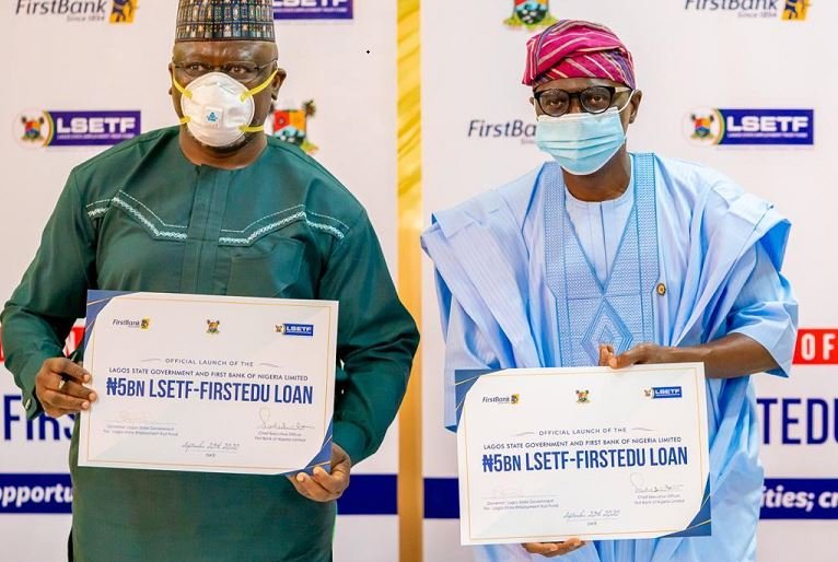 Managing Director/Chief Executive Officer, First Bank of Nigeria, Dr. Adesola Kazeem Adeduntan (left) with Lagos State Governor, Mr. Babajide Sanwo-Olu, during the official launch of the Lagos State Employment Trust Fund (LSETF) in partnership with First Bank of Nigeria Limited (₦5bn LSETF-FirstEdu Loan) at the Banquet Hall, Lagos House, Ikeja, on Friday, September 25, 2020