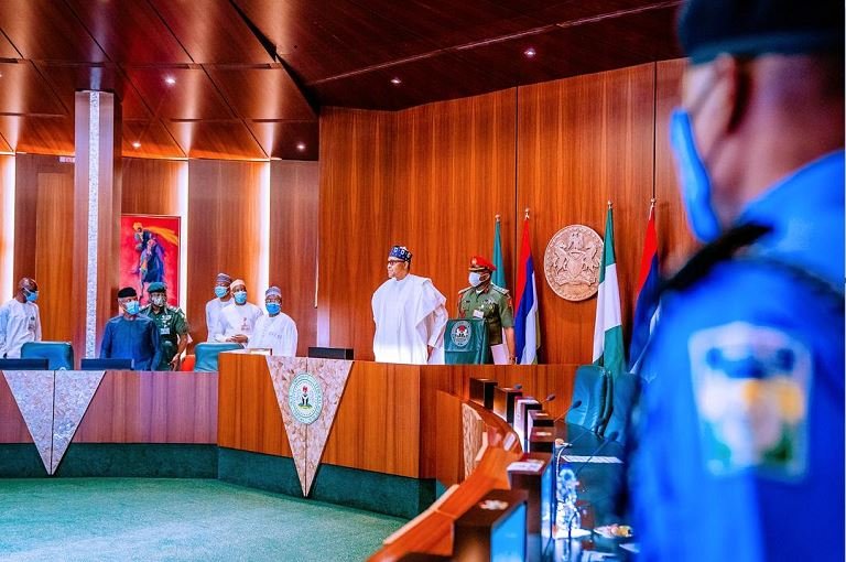 A virtual meeting with former Heads of State presided over by President Buhari at the Council Chambers in the State House, Abuja