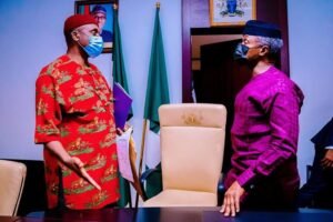 Former Vice President Yemi Osinbajo during a condolence visit to Rotimi Amaechi at his Abuja residence following the death of Amaechi's mother.