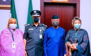 Vice President Yemi Osinbajo SAN decorates the new Acting Inspector General of the Nigerian Police Force Usman Alkali Baba at the State House, Abuja. 7th April, 2020. Photos; Tolani Alli